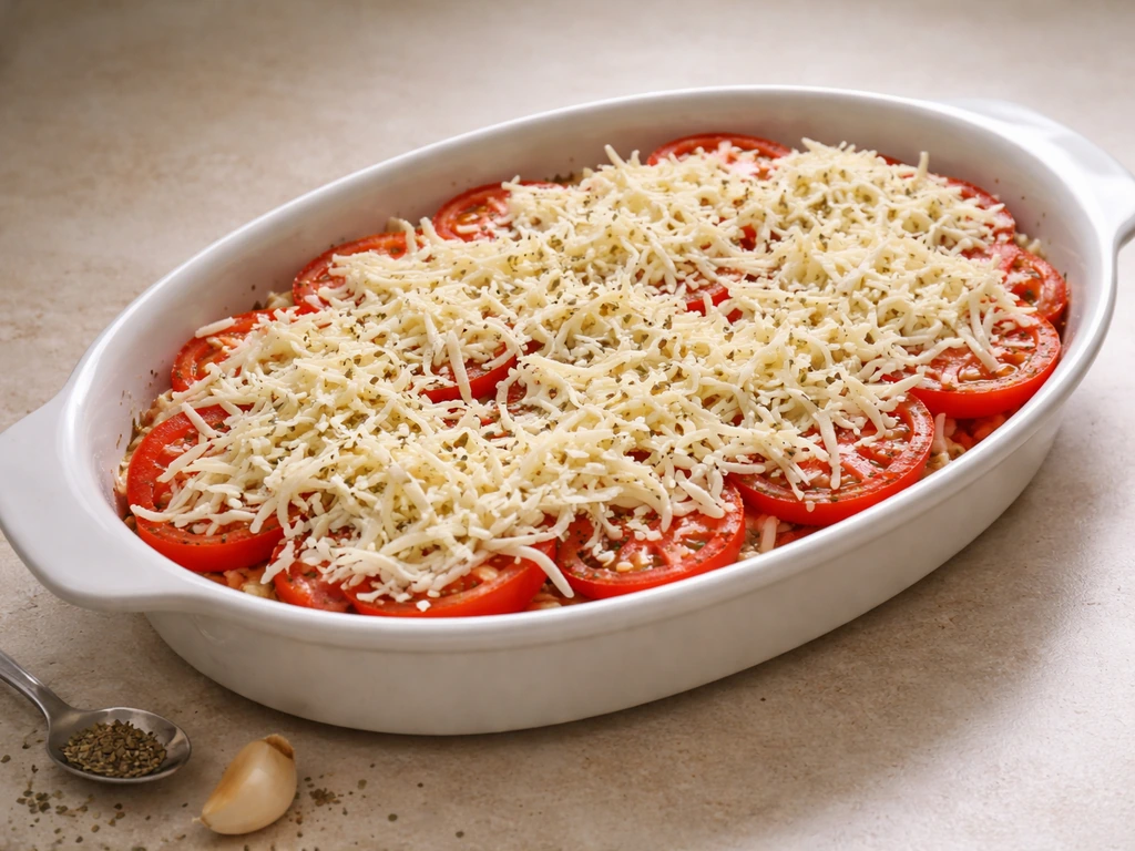 Plat de tomates au four gratinées avec mozzarella et herbes de Provence, prêt à enfourner.