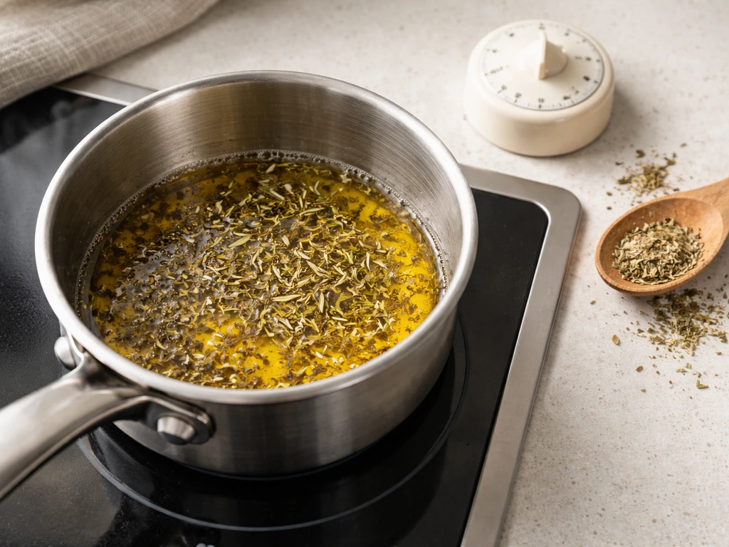 Huile d’olive chauffée avec thym, romarin et origan en infusion, minuteur de cuisine à côté sur un plan de travail.