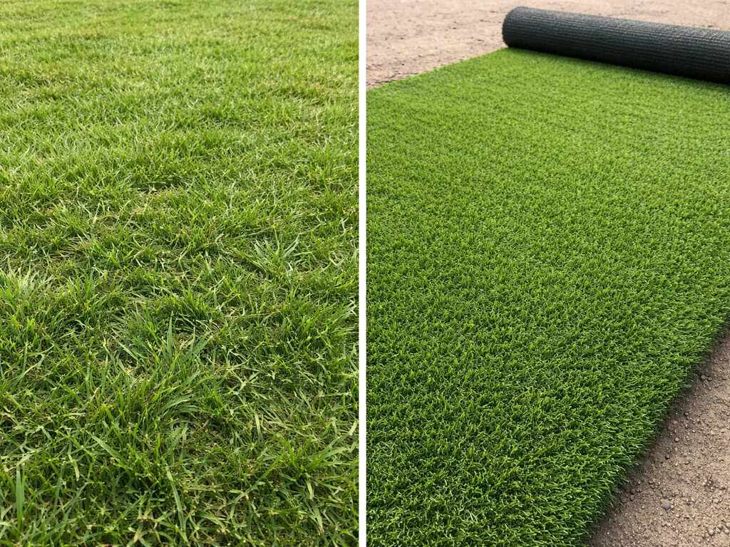 Comparatif côte à côte : herbe naturelle tondue à gauche et gazon synthétique uniforme prêt à recevoir une fresque à dro