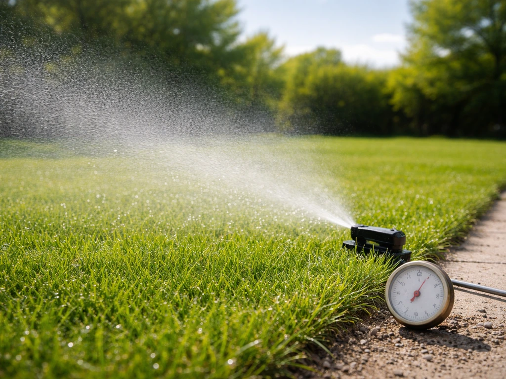 Jardin au soleil : pelouse fraîchement arrosée, thermomètre de jardin et arroseur discret au premier plan.