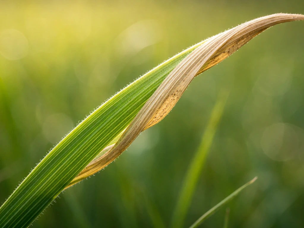 Macro d’un brin d’herbe montrant deux zones, vert vif et partie pâle/desséchée, fond naturel flou.