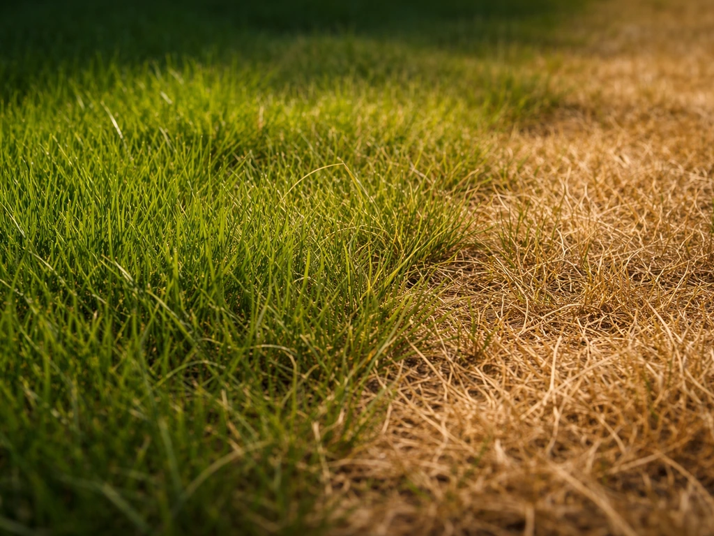 Gros plan d’une pelouse montrant trois stades visuels : vert vif, vert-jaune terne et jaune paille.