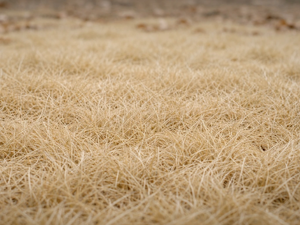 Gros plan de graminées en dormance hivernale : brins jaune paille uniformes, sans lésions apparentes.