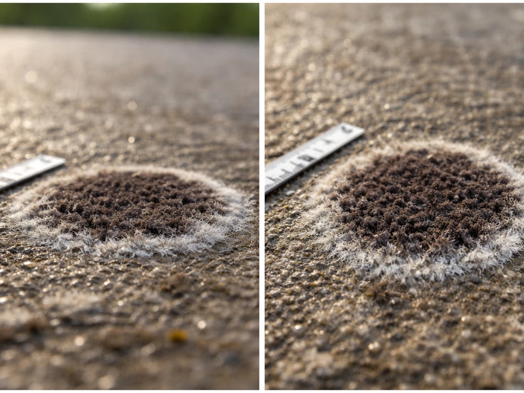 Tache circulaire sur le sol et feutrage, photographiée avec plusieurs angles et une échelle visuelle près du sol.