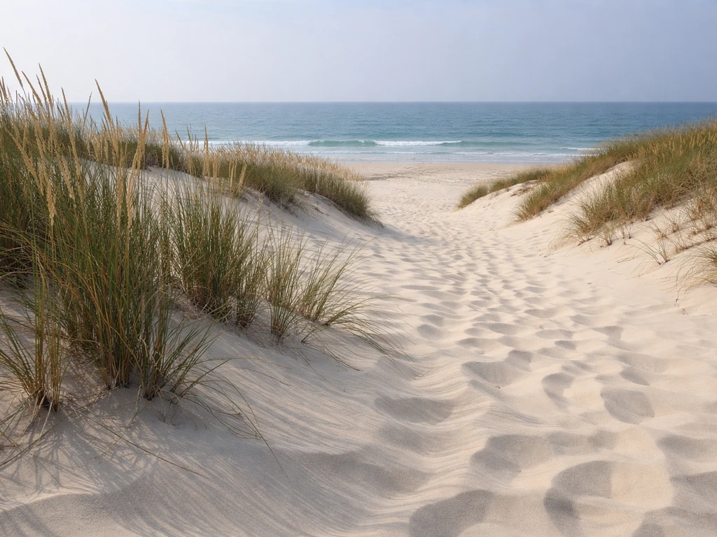 Dune de l’herbe à Cap Ferret : sable blanc mobile et oyats au premier plan, mer Atlantique en arrière-plan.