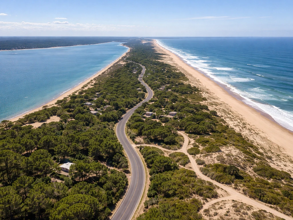 Vue aérienne de la presqu’île du Cap Ferret, séparant Bassin d’Arcachon et océan, avec route vers L’Herbe.