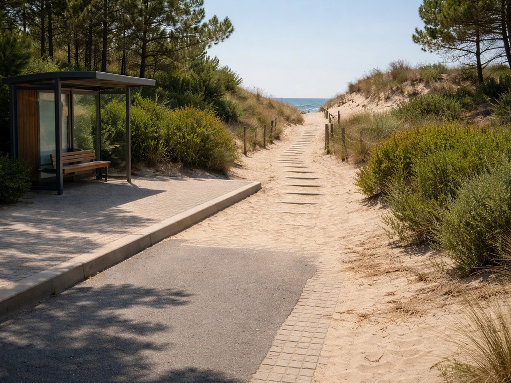 Allée piétonne depuis un arrêt et parking vers la dune de sable, au Bassin d’Arcachon.
