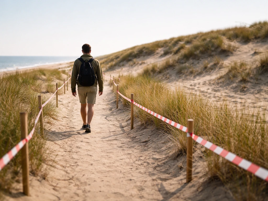 Une personne anonyme marche sur une traversée balisée au milieu des dunes, en restant sur la zone autorisée.