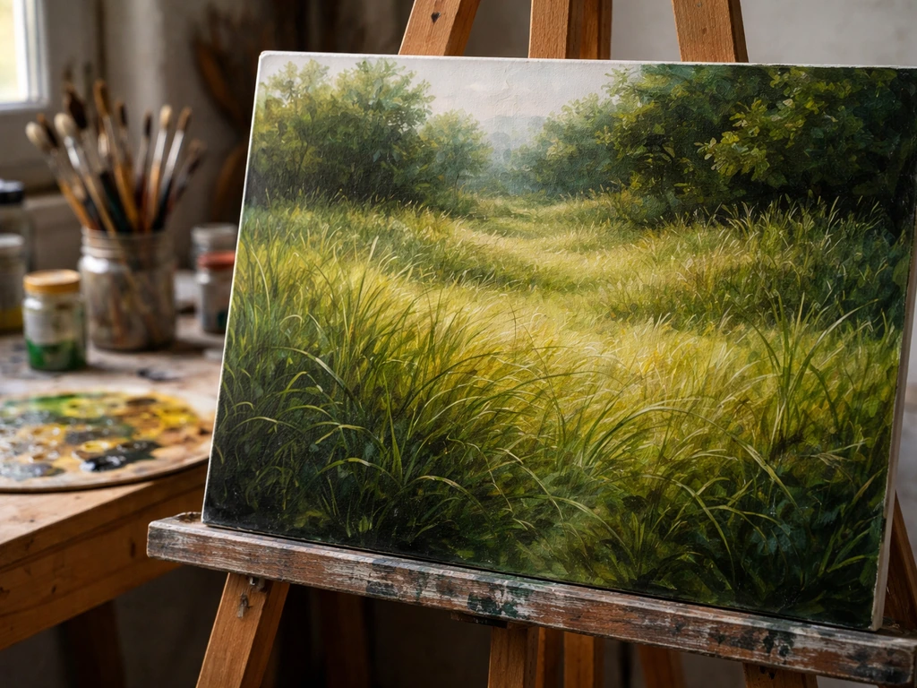 Toile en cours dans un atelier : herbe au premier plan avec textures de brins, verts variés et ombres.