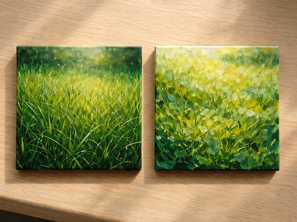 Deux vignettes peintes côte à côte : herbe réaliste à gauche, herbe impressionniste à droite.