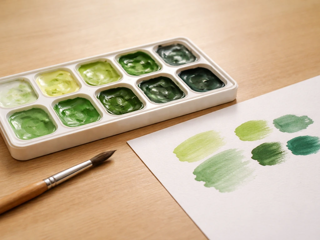 Palette de verts de peinture préparés sur une table en bois, avec teintes graduées sur une feuille blanche.