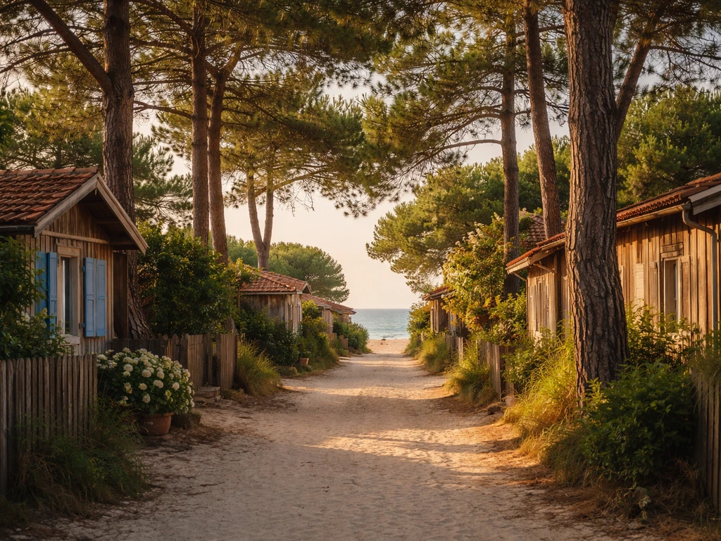 Ruelle du Village de l’Herbe à Lège-Cap Ferret entre pins et vue lointaine sur la plage du bassin