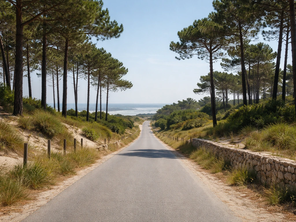 Paysage de pinède et petite route vers le Cap Ferret, évoquant le village de l’Herbe et les repères du nord-sud.