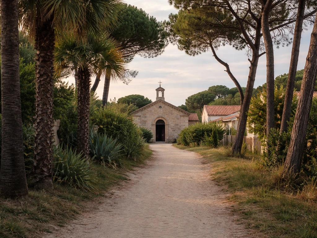 Chemin bordé de palmiers et pins vers une petite chapelle, maisons du littoral en arrière-plan, sans personnes.