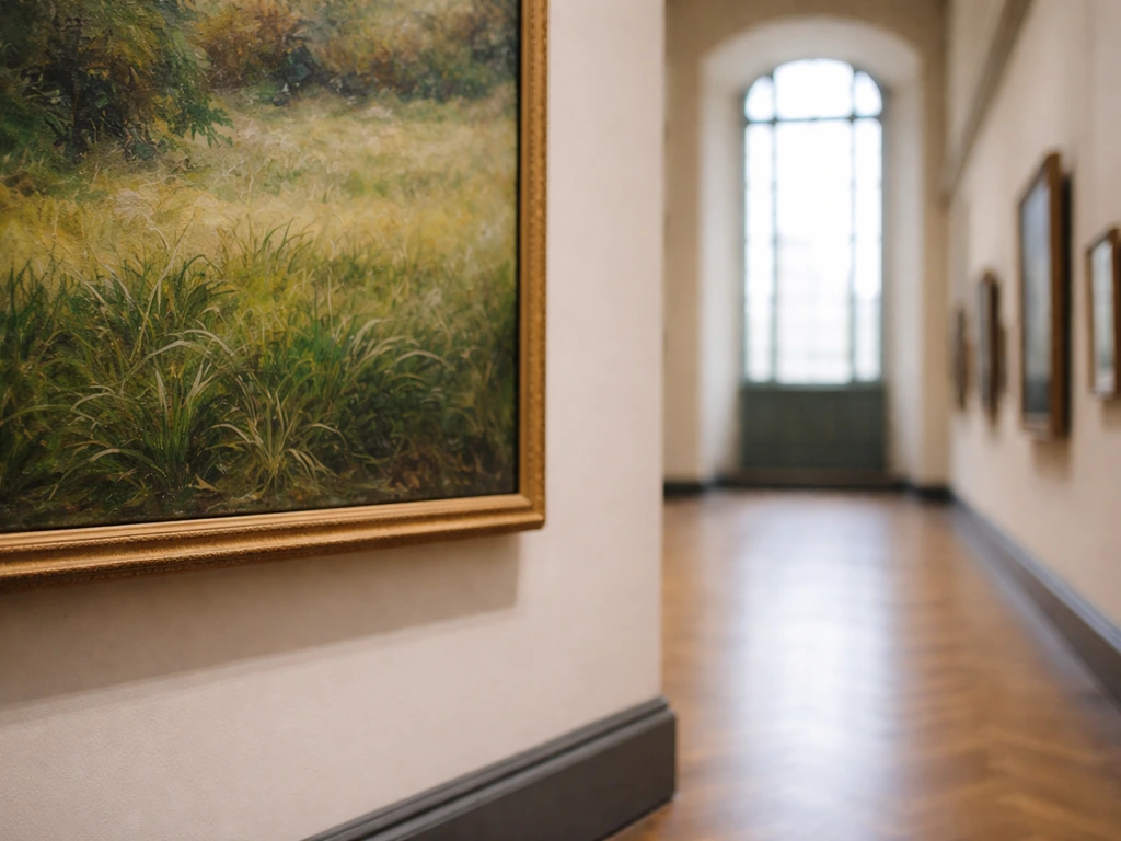 Dans une salle du musée, gros plan sur une zone d’herbe peinte d’un tableau à Orsay, ambiance calme.