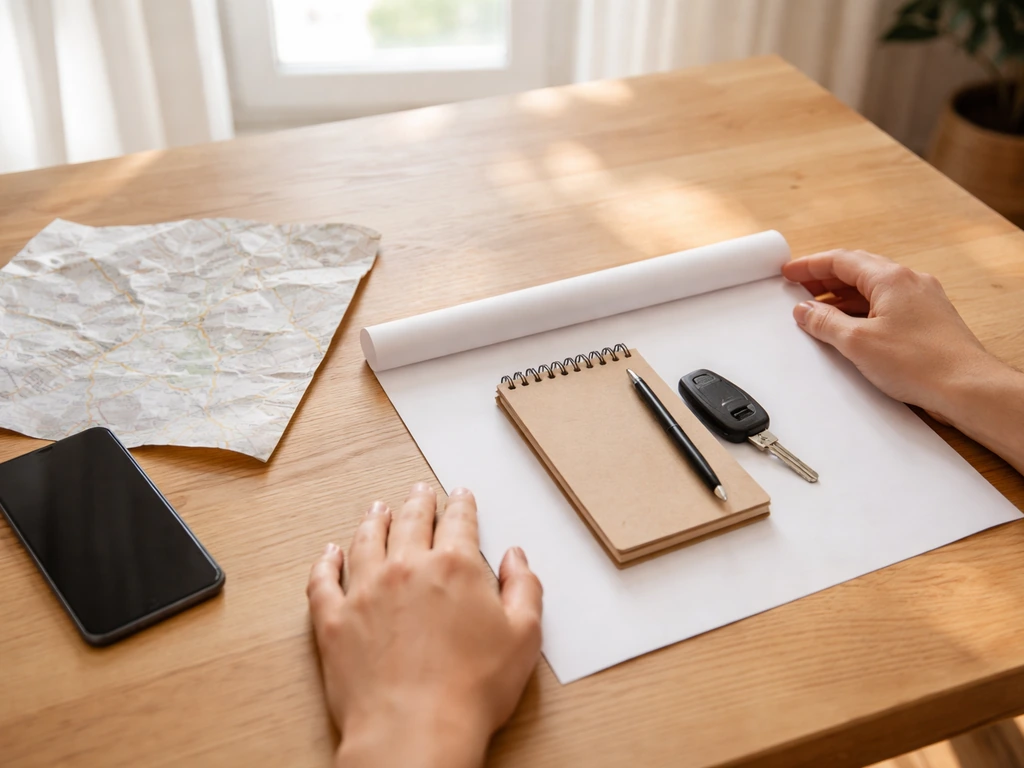 Plan simple sur une table, indiquant un itinéraire de visite pour rejoindre un village au départ de Bordeaux.