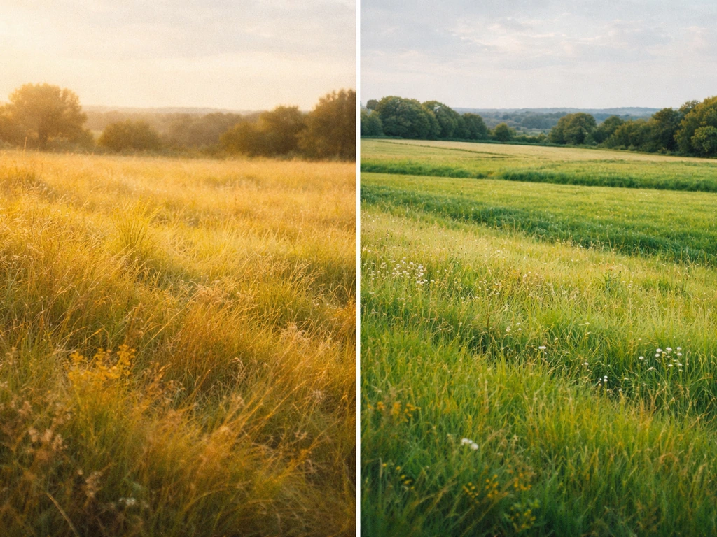 Une prairie verdoyante au soleil, vue minimaliste inspirée de Renoir et Cézanne, sans personnes.