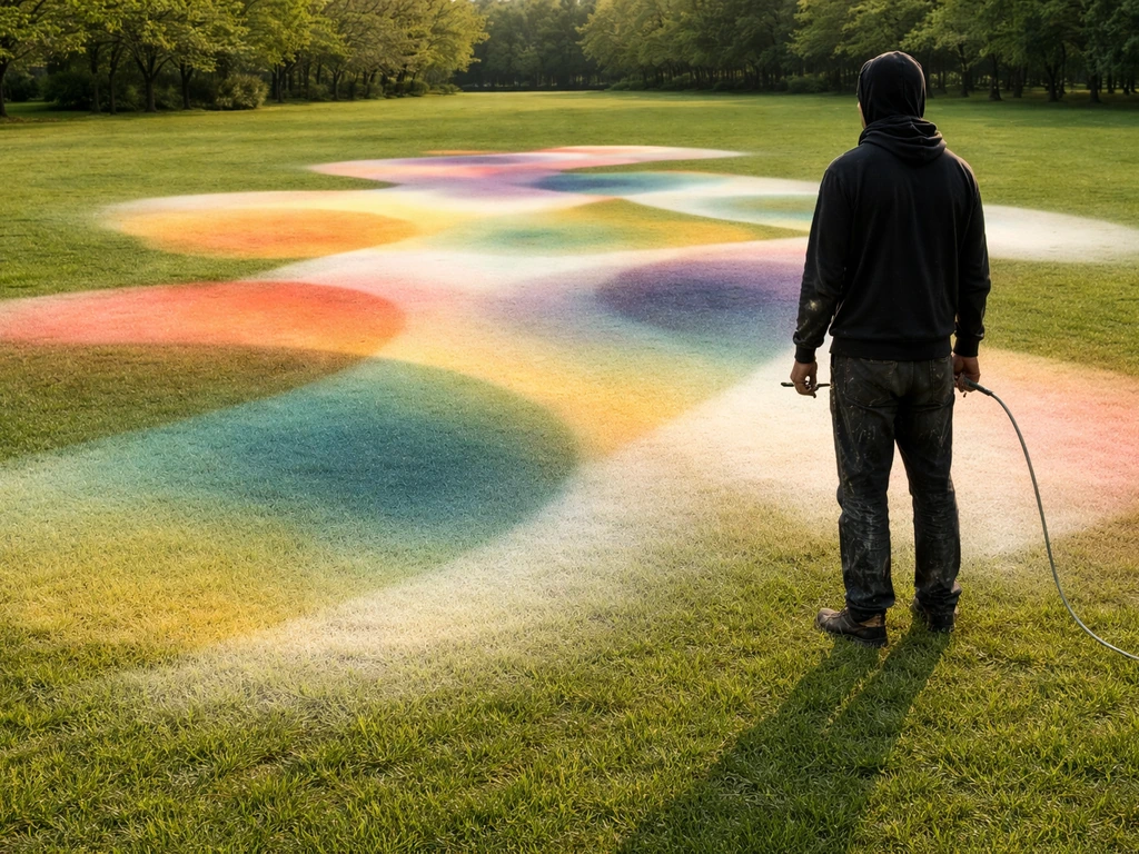 Un artiste anonyme peint une grande œuvre abstraite directement sur une pelouse, au pistolet, lumière naturelle.