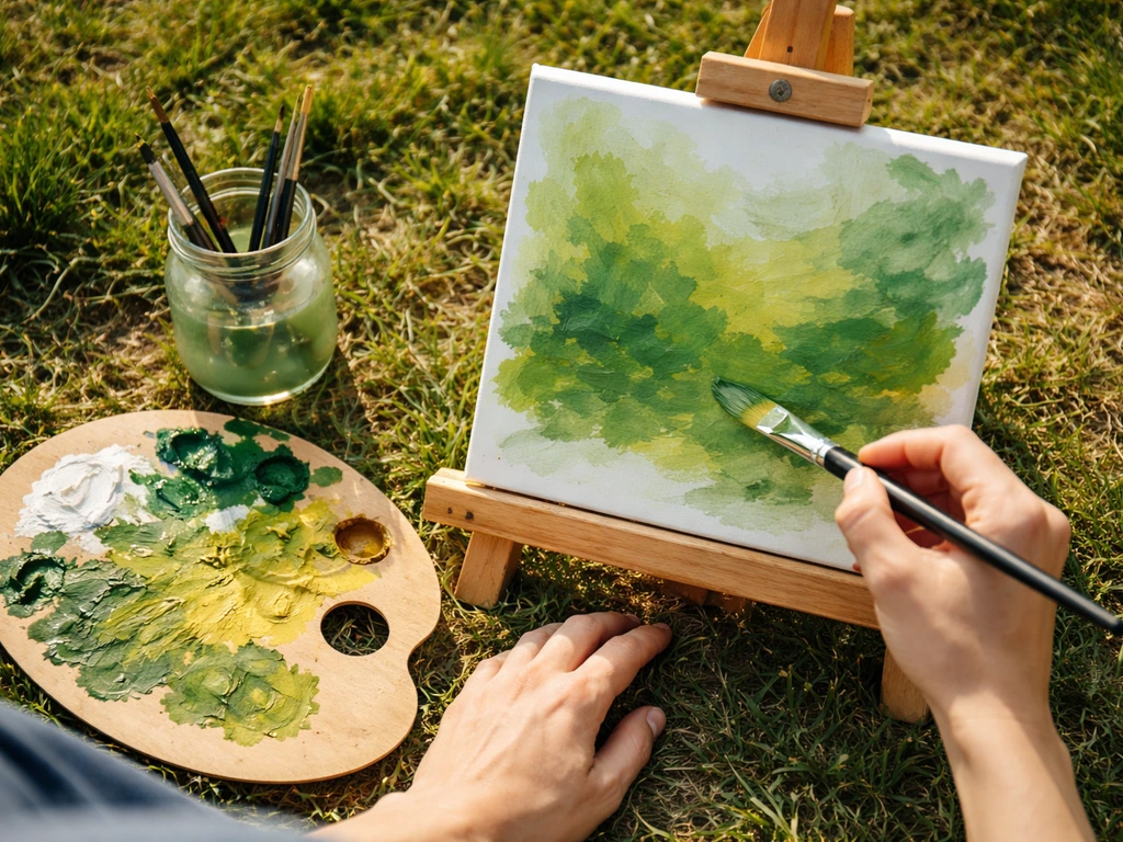 Personne anonyme peignant une base verdâtre sur toile en extérieur, palette de verts et pinceau près de l’herbe.