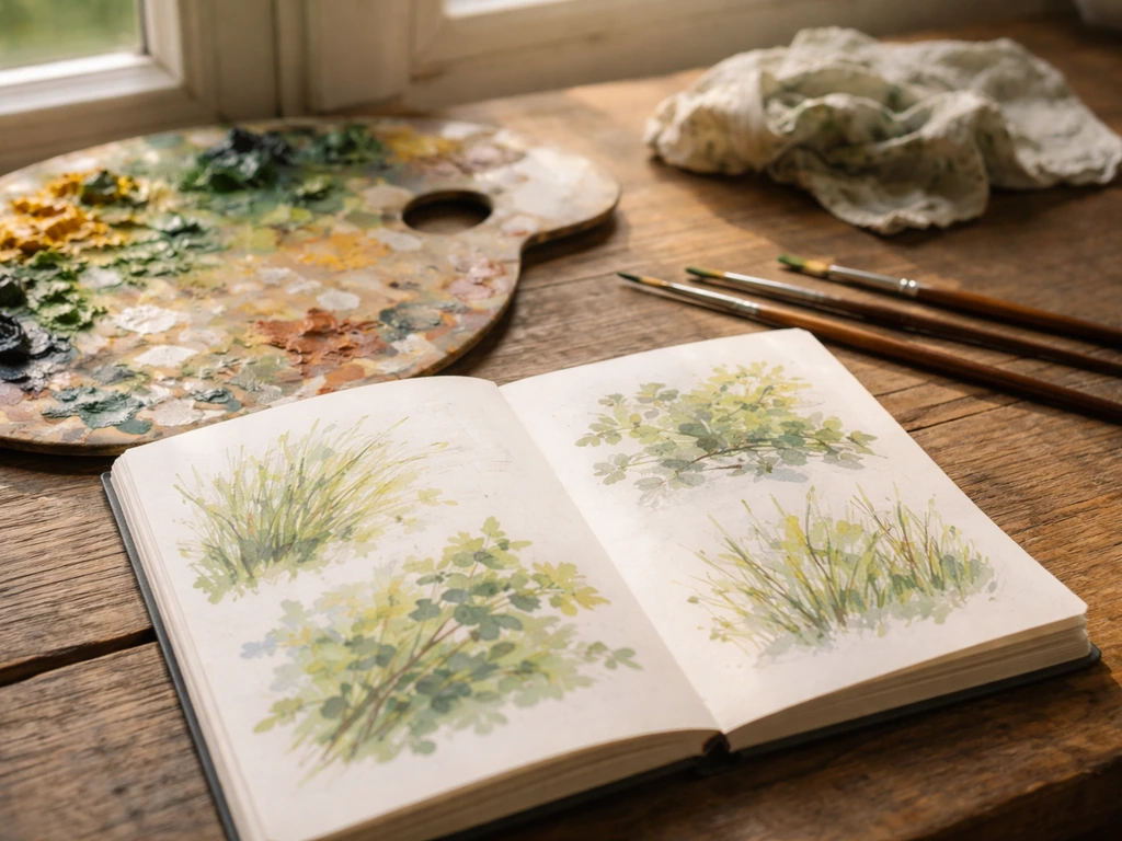 Plan rapproché d’une palette de couleurs et d’un carnet avec ébauches de feuillages impressionnistes.