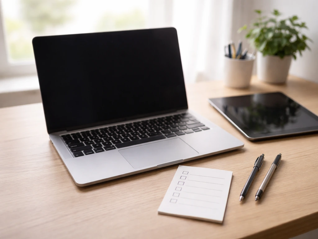 Ordinateur portable et tablette sur un bureau, avec une checklist de vérification pour contrôler une information