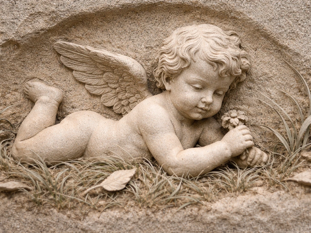 Détail d’un motif sculpté de putto ailé dans l’herbe, éclairé naturellement, fond de pierre discret.