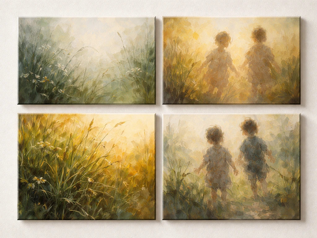 Photographie de fragments de tableaux montrant l’herbe et des silhouettes enfantines abstraites, palettes contrastées.