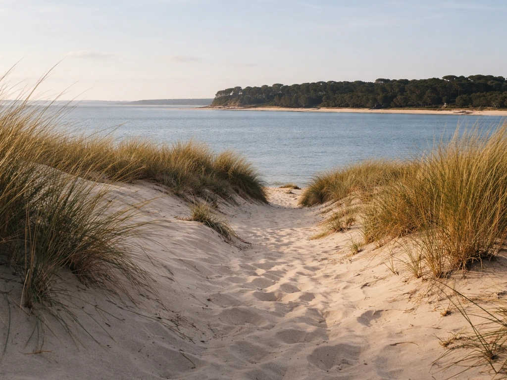 Dune de sable et herbe littorale près du bassin d’Arcachon, pins et horizon dégagé.