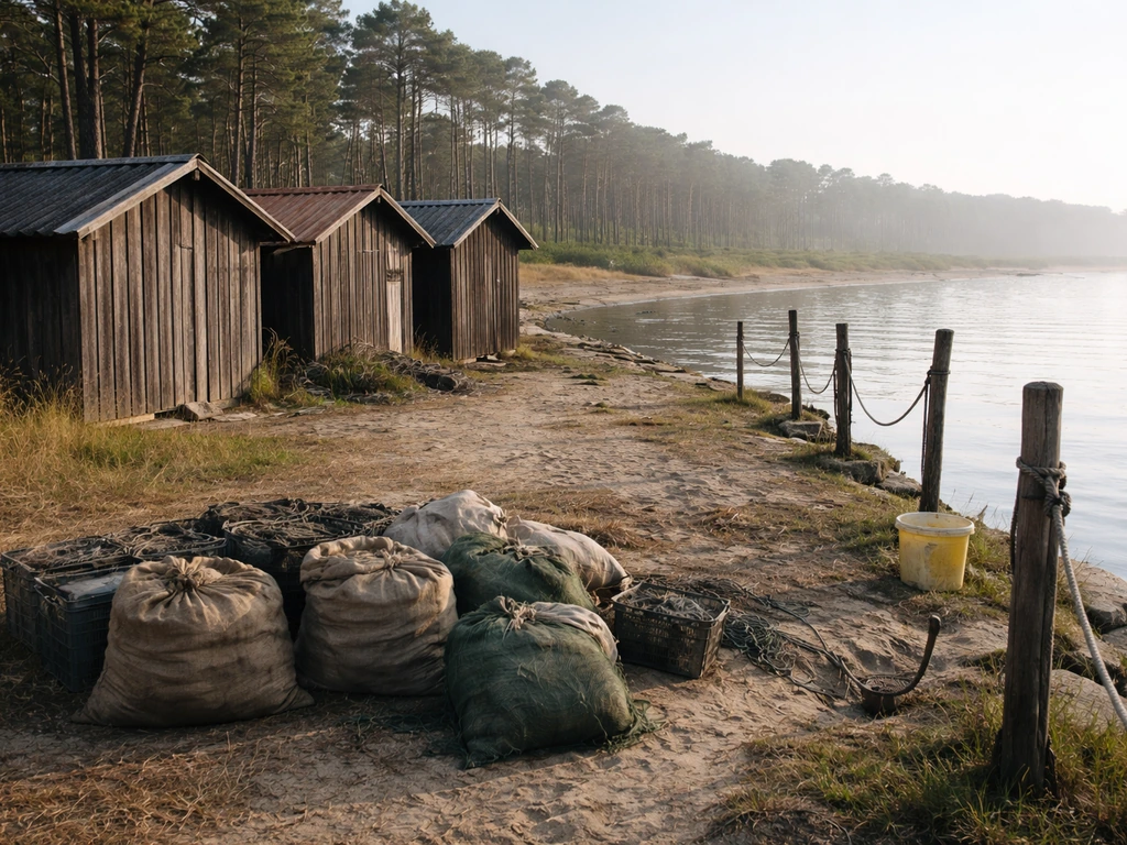 Cabanes en bois et outils au bord d’un bassin, pins et résines près de l’eau, ambiance littorale traditionnelle.