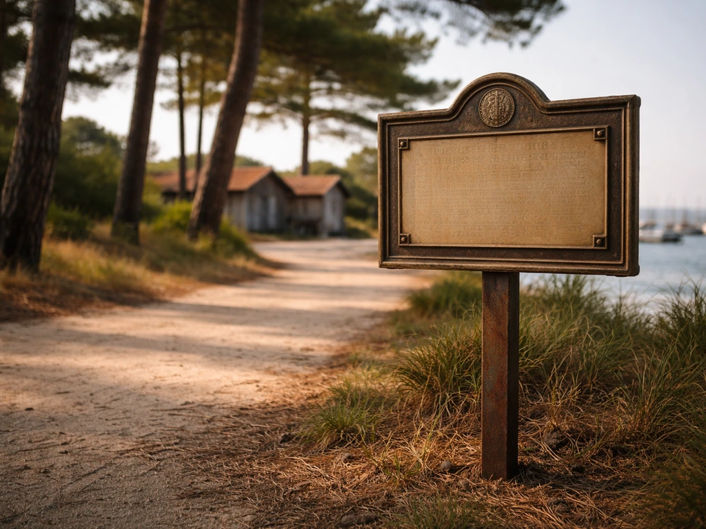 Panneau patrimonial près de cabanes ostréicoles du Cap Ferret à L’Herbe, ambiance littorale, sans texte lisible.