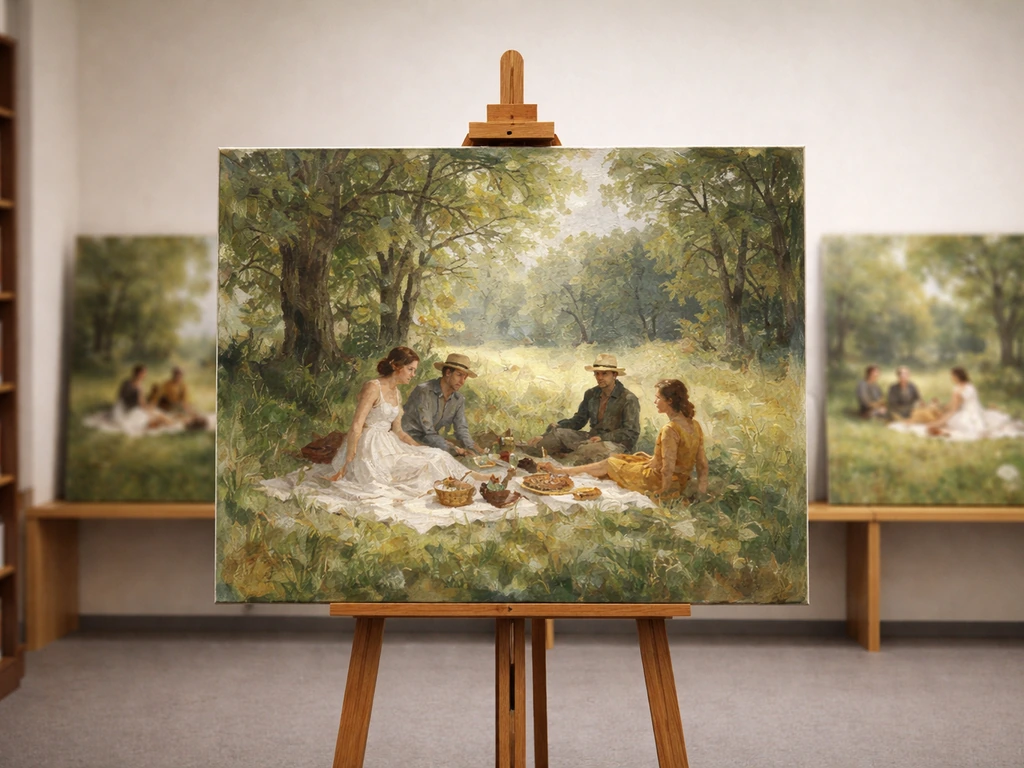 Une toile centrale inspirée du « Déjeuner sur l’herbe » entourée de deux autres œuvres similaires, évoquant la confusion