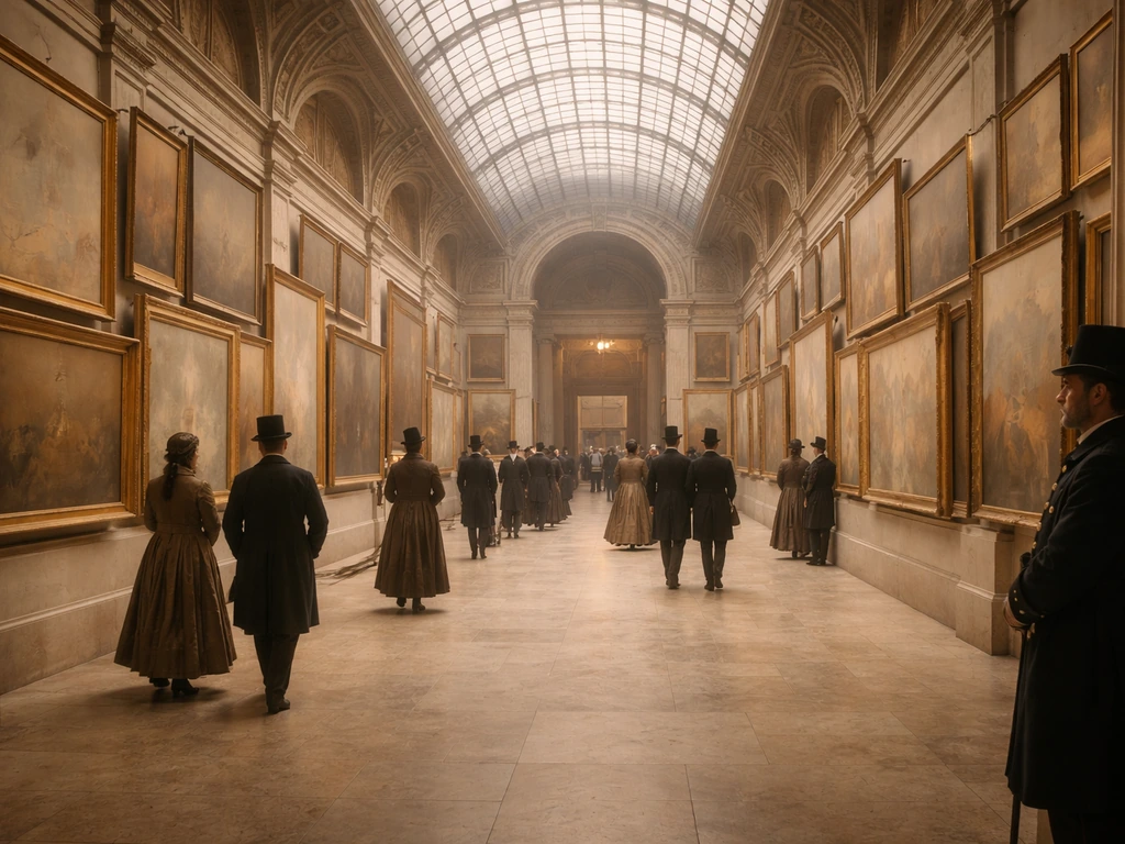 Reconstitution du Salon des Refusés de 1863 : hall parisien, cimaises et visiteurs en tenue d’époque.