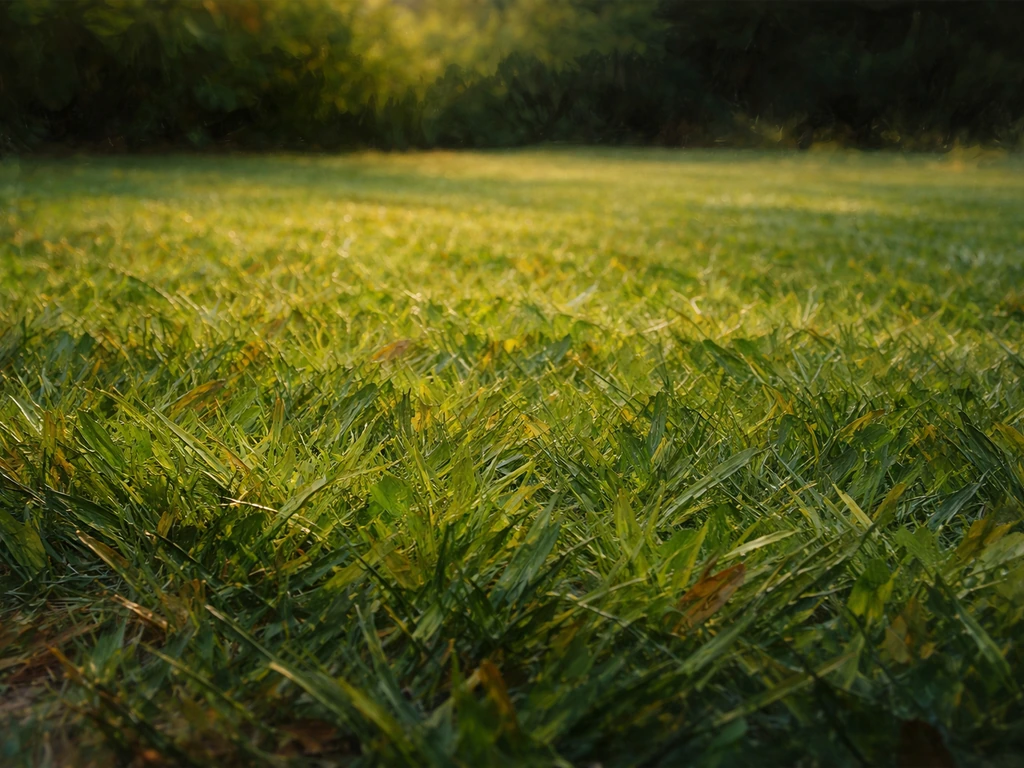 Zoom sur une pelouse peinte non naturaliste avec textures et effet de seuil entre scène et espace extérieur.