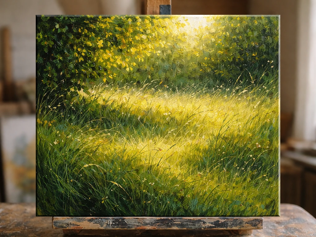 Peinture réaliste d’une pelouse verdoyante à la lumière vaporeuse, rappelant Monet au bord d’un jardin