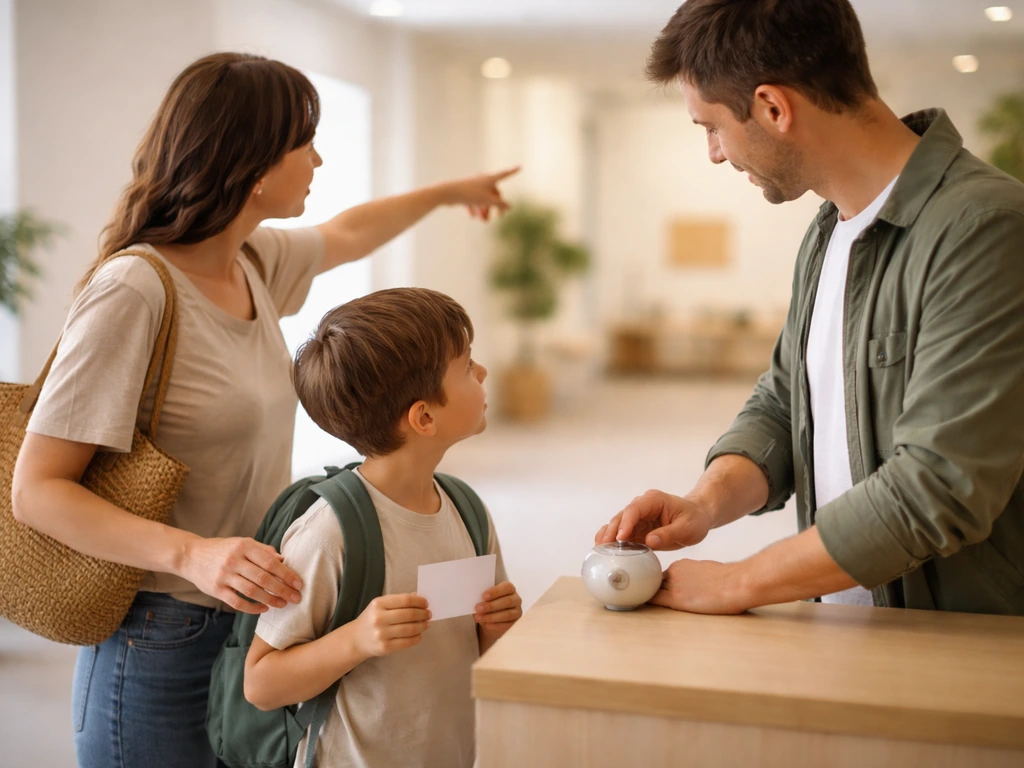 Famille devant un petit comptoir, enfant tenant une carte pendant que les parents discutent du temps de visite.