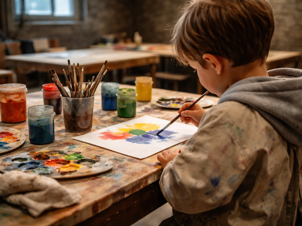 Enfant anonyme en train de peindre à une table d’atelier, tablier et matériel de peinture visibles.