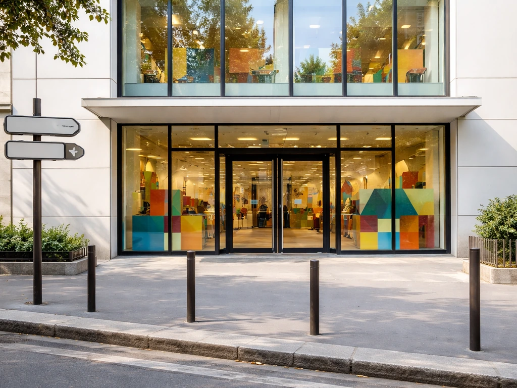 Entrée d’un musée pour enfants à Paris, façade vitrée et repères d’accès au premier plan, sans personnes.