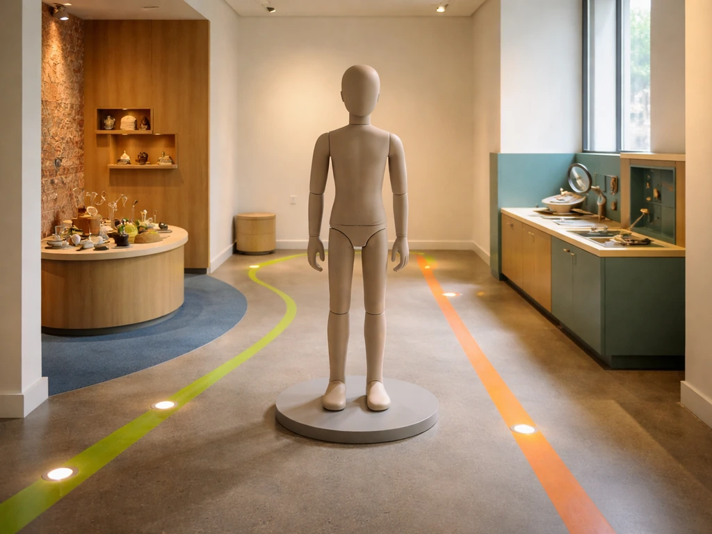 Détails d’une salle d’exposition minimaliste avec un parcours guidé par la lumière et des contrastes de couleurs.