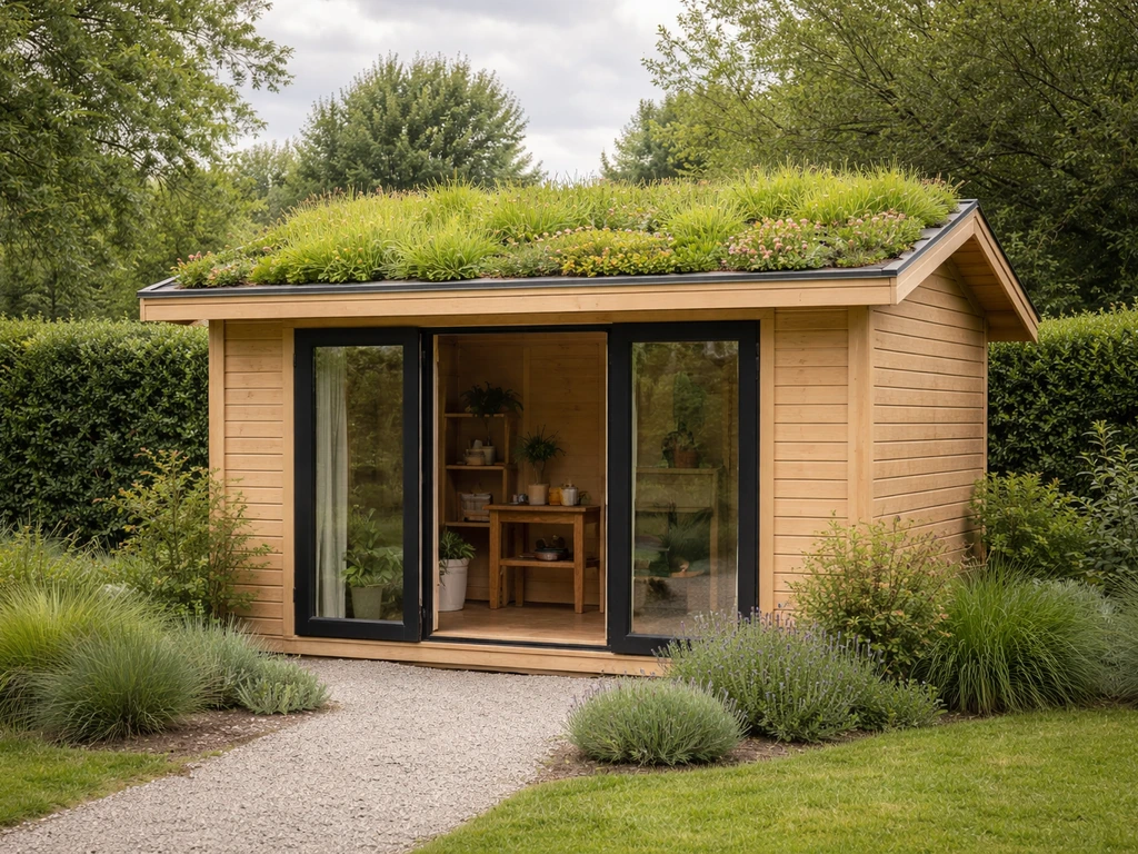 Maison de jardin à toiture végétalisée, îlot vert dense et herbe fraîche, dans un jardin calme en France.