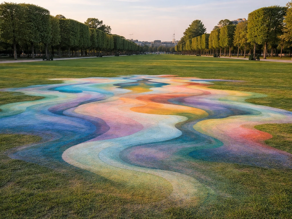 Vue large d’une œuvre de peinture sur herbe de Saype au Champ de Mars, motif au sol vu dans l’espace