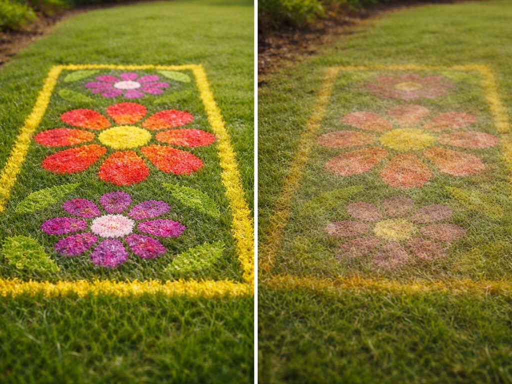 Pelouse avec deux fresques d’herbe : motif net d’un côté, motif estompé de l’autre après plusieurs semaines.