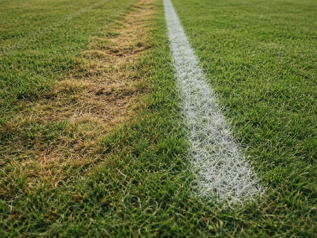 Gazon avec une zone abîmée par un marquage inadapté, à côté d’un tracé à la craie/charbon propre.