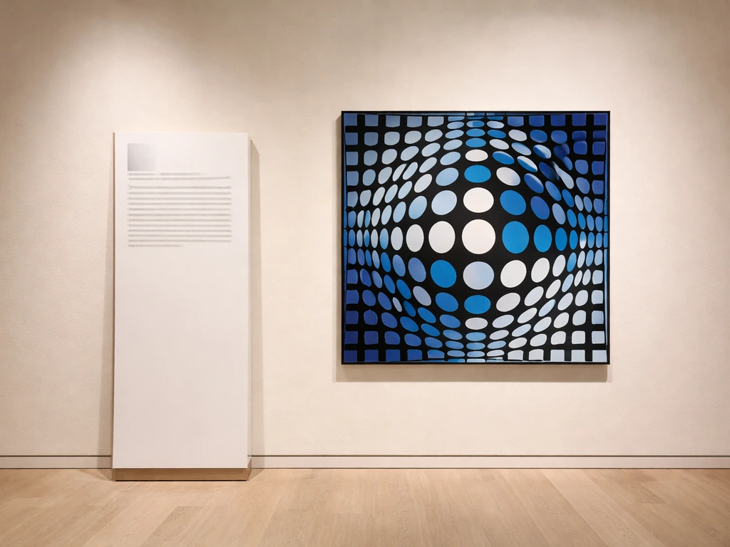 Panneau explicatif et œuvre op’Art géométrique façon Vasarely dans une salle du Musée en Herbe, sans personne.