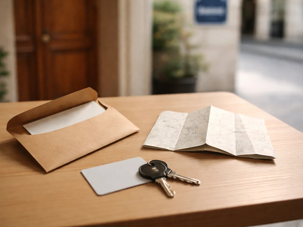 Table près d’une porte de musée avec un billet et une enveloppe, horaires et accès suggérés sans texte visible.