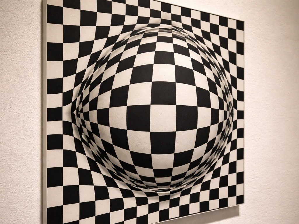 Gros plan d’un motif géométrique noir et blanc style Vasarely avec effet trompe-l’œil sur un panneau neutre.