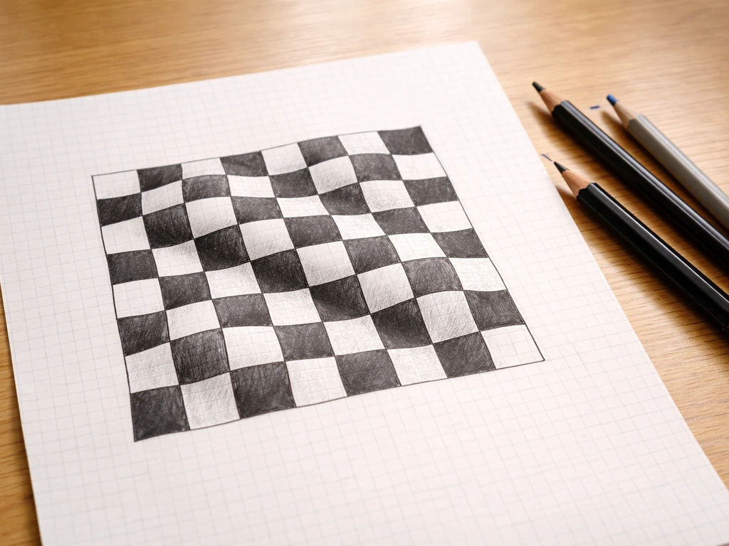 Feuille avec damier noir et blanc en crayons, avec cases légèrement déformées sur une table en bois