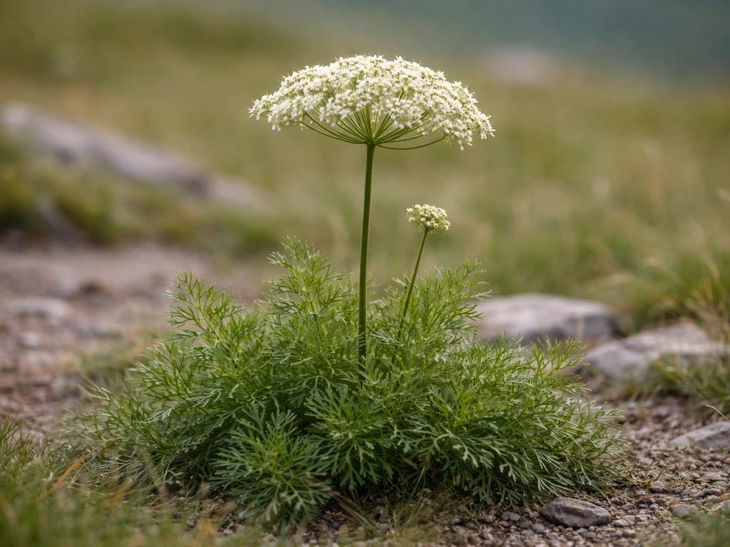 Meum athamanticum (cistre herbe d’Auvergne) aux feuilles finement découpées et ombelle, en prairie montagnarde.