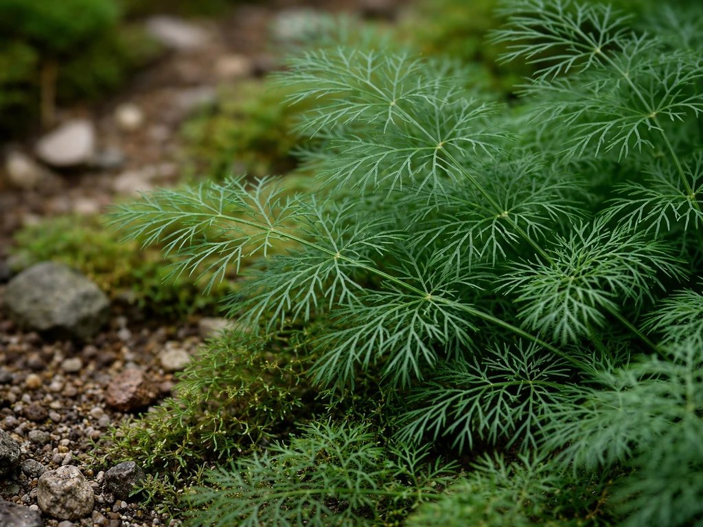 Feuilles filiformes très finement découpées de Meum athamanticum sur un sol naturel, arrière-plan flou.