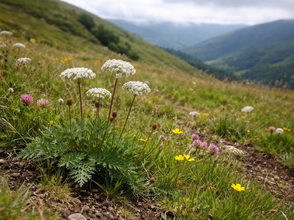 Pelouse d’altitude verdoyante du Massif central en juin, fleurs montagnardes proches du sol.