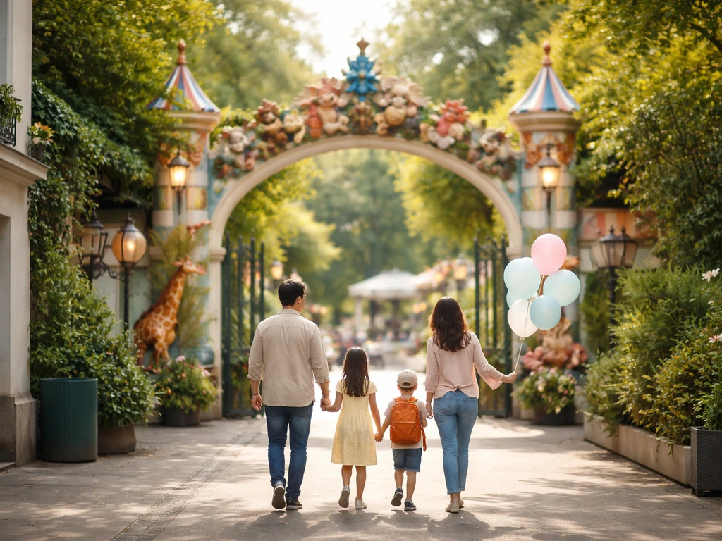Entrée du Jardin d’Acclimatation avec une famille et l’ambiance ludique vers le musée pour enfants.